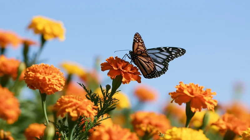 Monarch butterfly landing on orange marigold bloom in garden under blue sky