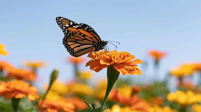 Monarch butterfly perched on orange marigold bloom in a sunlit garden field