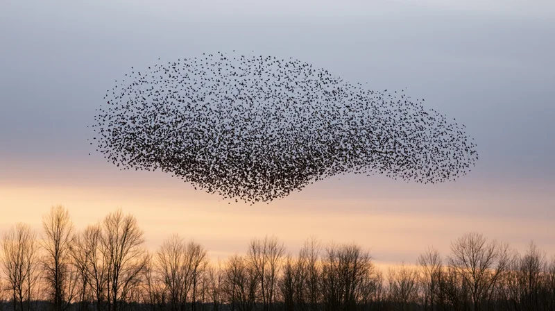 Murmuration of starlings forming a bird-like shape in the sky at sunset over bare trees