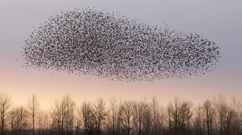 Murmuration of starlings forming a large bird-like shape in the sky above bare trees at twilight