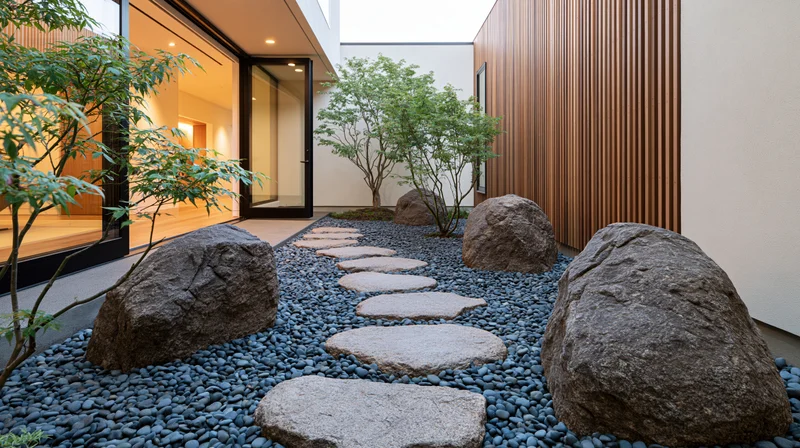 Narrow japanese-style courtyard garden with stone pathway and greenery enclosed by modern architecture