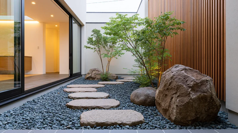 Narrow japanese-style courtyard garden with stone pathway and greenery enclosed by modern architecture