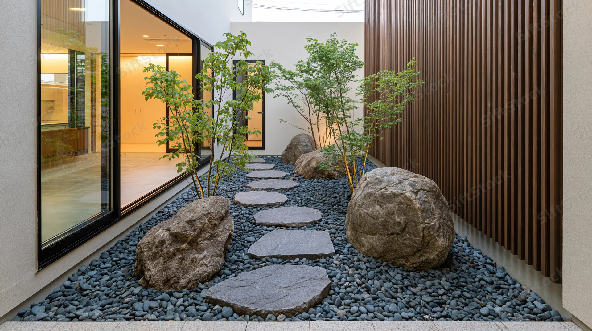 Narrow japanese-style courtyard garden with stone pathway and greenery enclosed by modern walls and glass windows