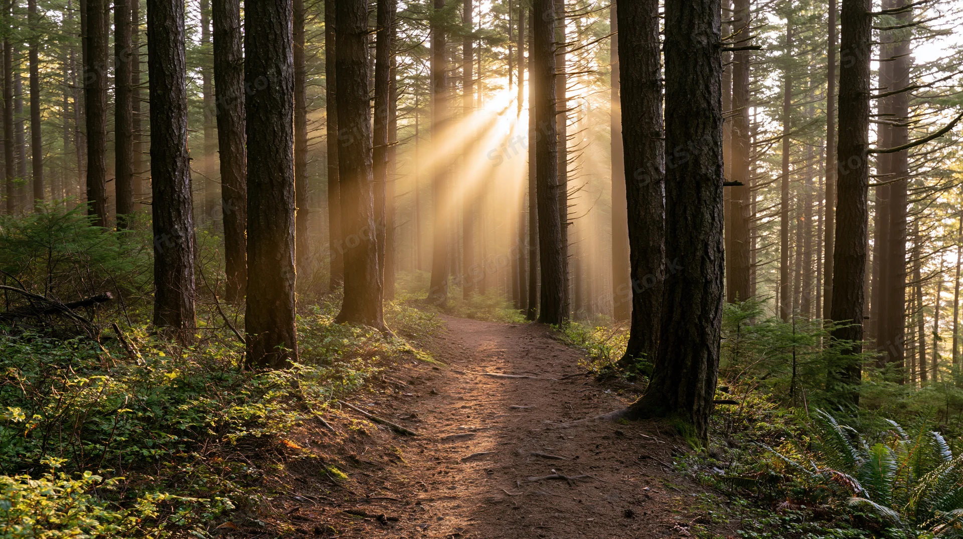 Narrow dirt path winding between tall conifer trees in a sunlit forest at dawn