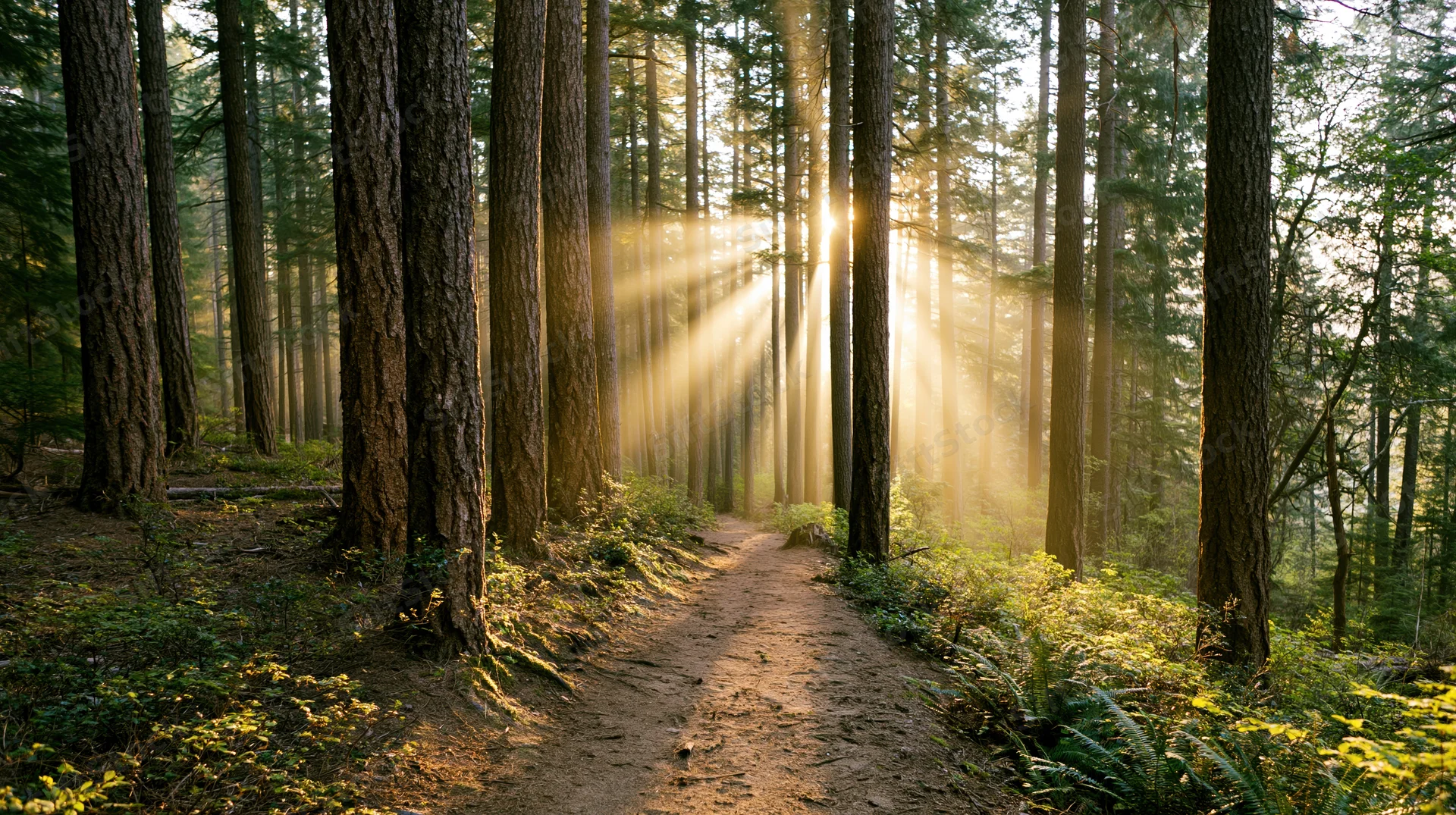Narrow dirt path winding between tall conifer trees in a sunlit forest