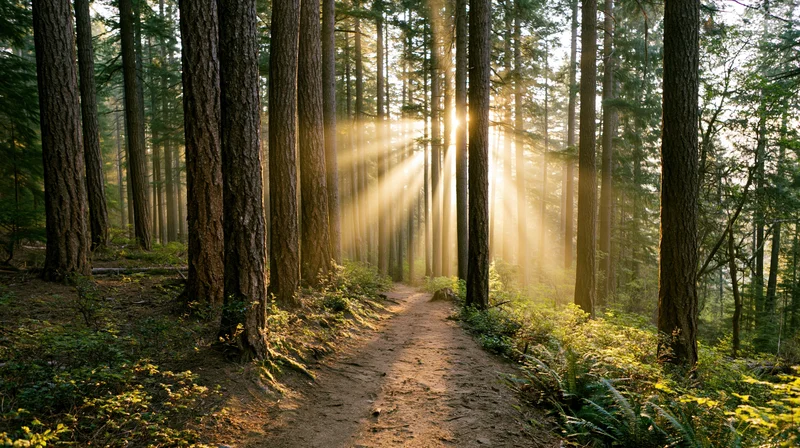 Narrow dirt path winding between tall conifer trees in a sunlit forest