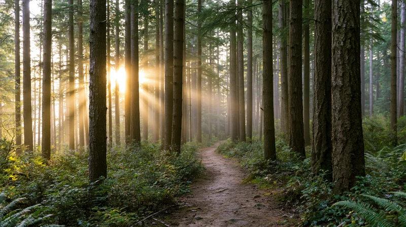 Narrow dirt path winding between tall conifer trees in a sunlit forest