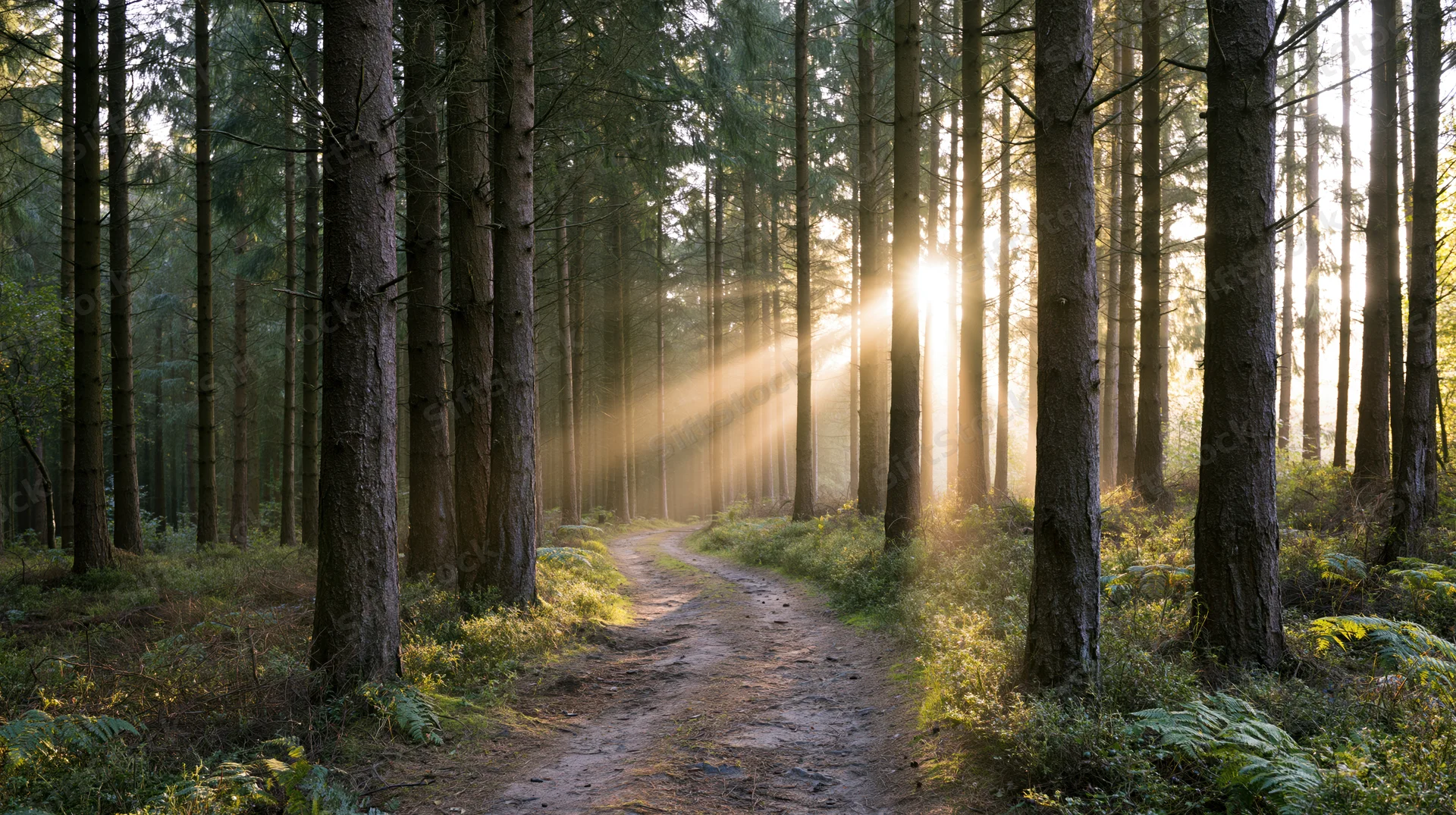 Narrow dirt path winding between tall conifer trees in a sunlit forest