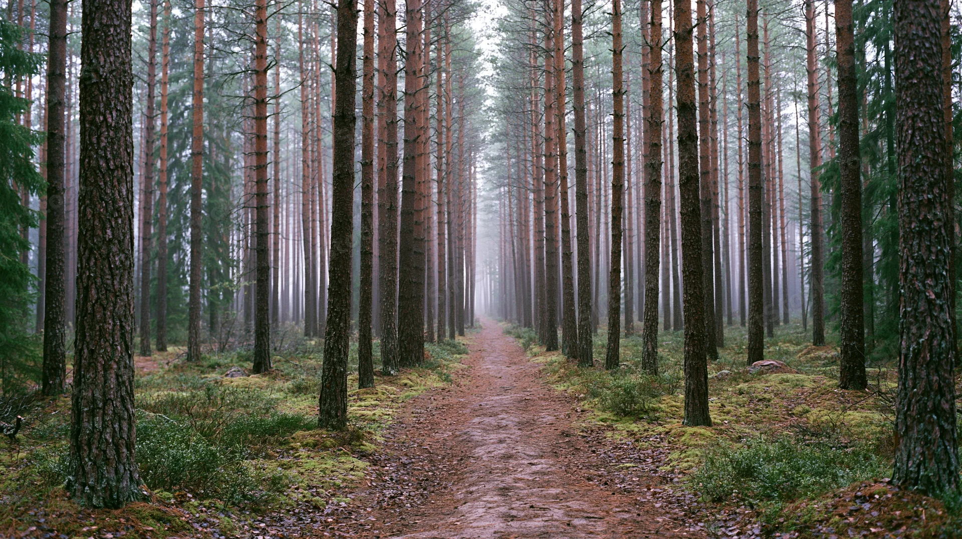 Narrow dirt path winding through tall pine trees in a misty forest