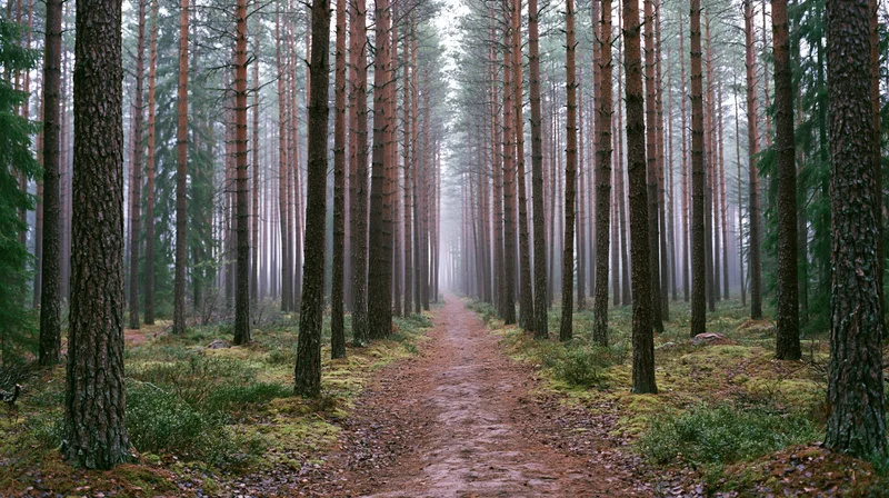 Narrow dirt path through a tall pine forest framed by trees