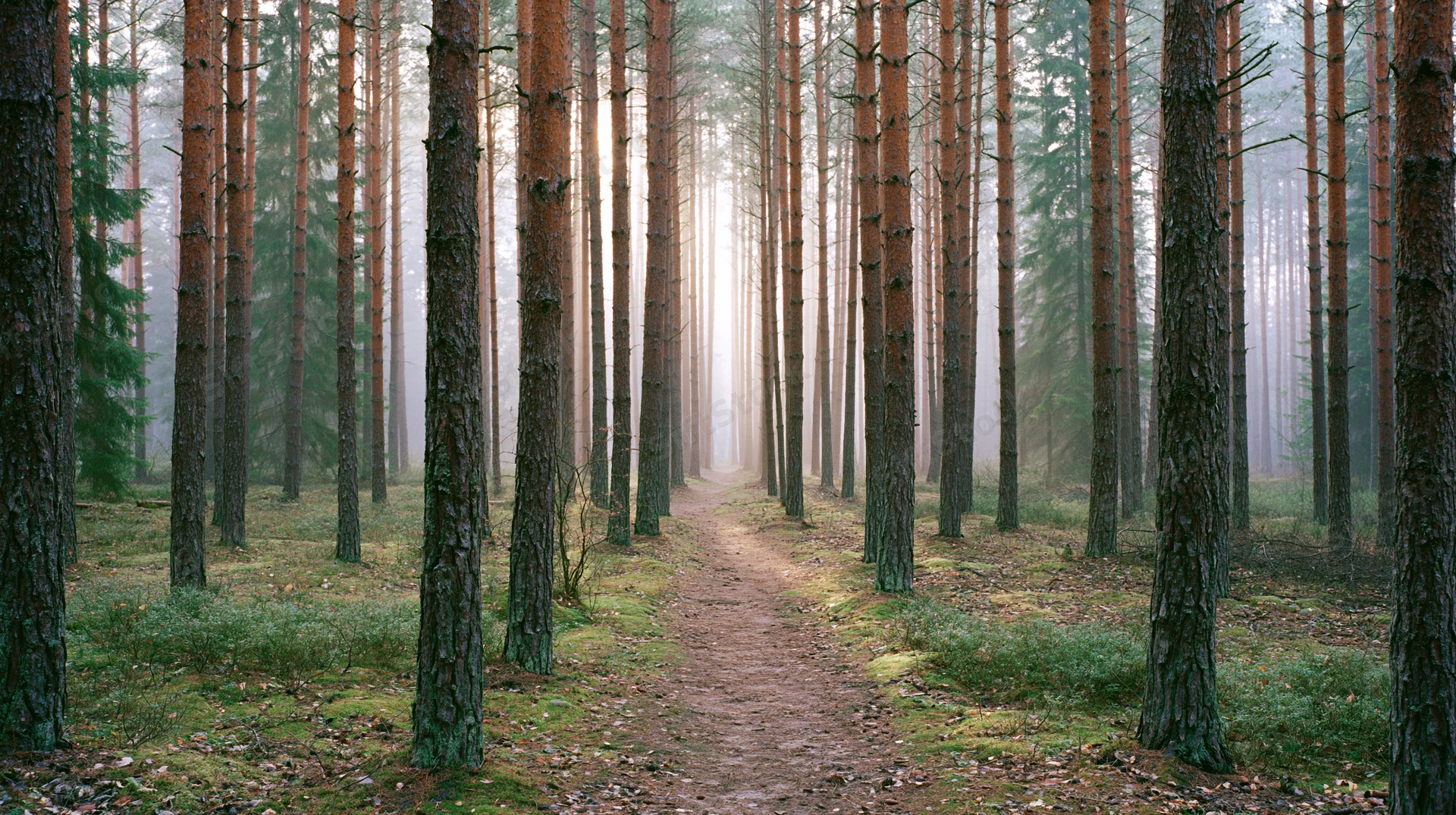 Narrow dirt path winding through tall pine trees in a misty forest at morning