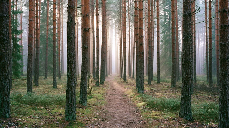 Narrow dirt path winding through tall pine trees in a misty forest at morning