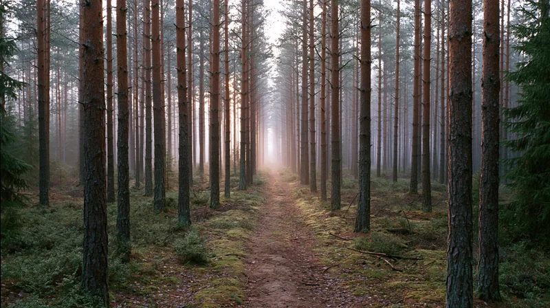 Narrow dirt path through tall pine forest in mist with sunlight filtering through trees