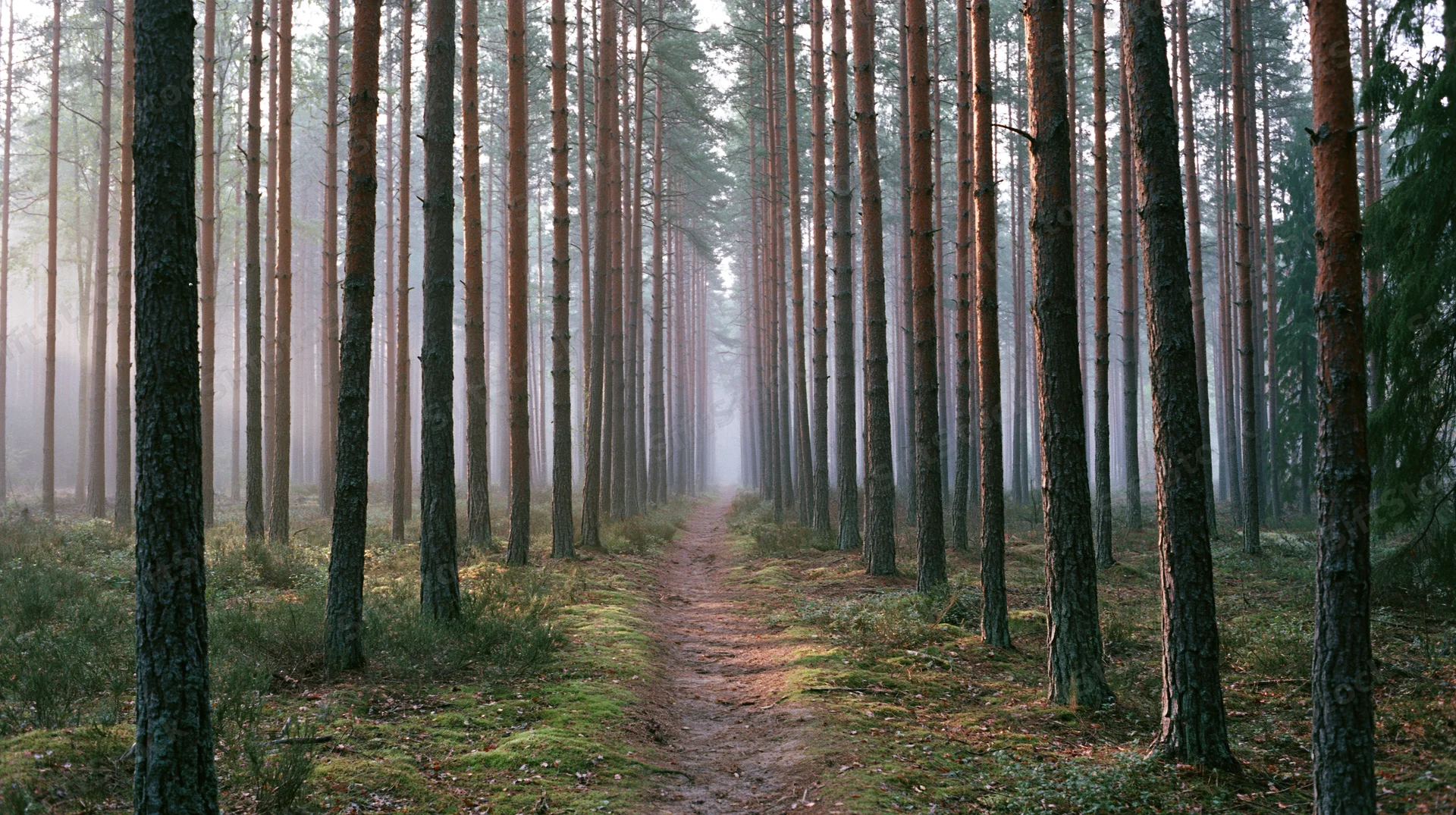 Narrow dirt path winding through tall pine trees in a misty forest