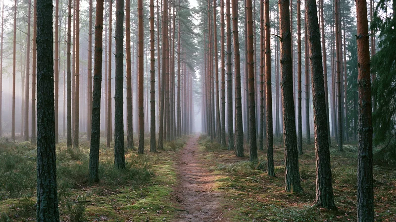 Narrow dirt path winding through tall pine trees in a misty forest