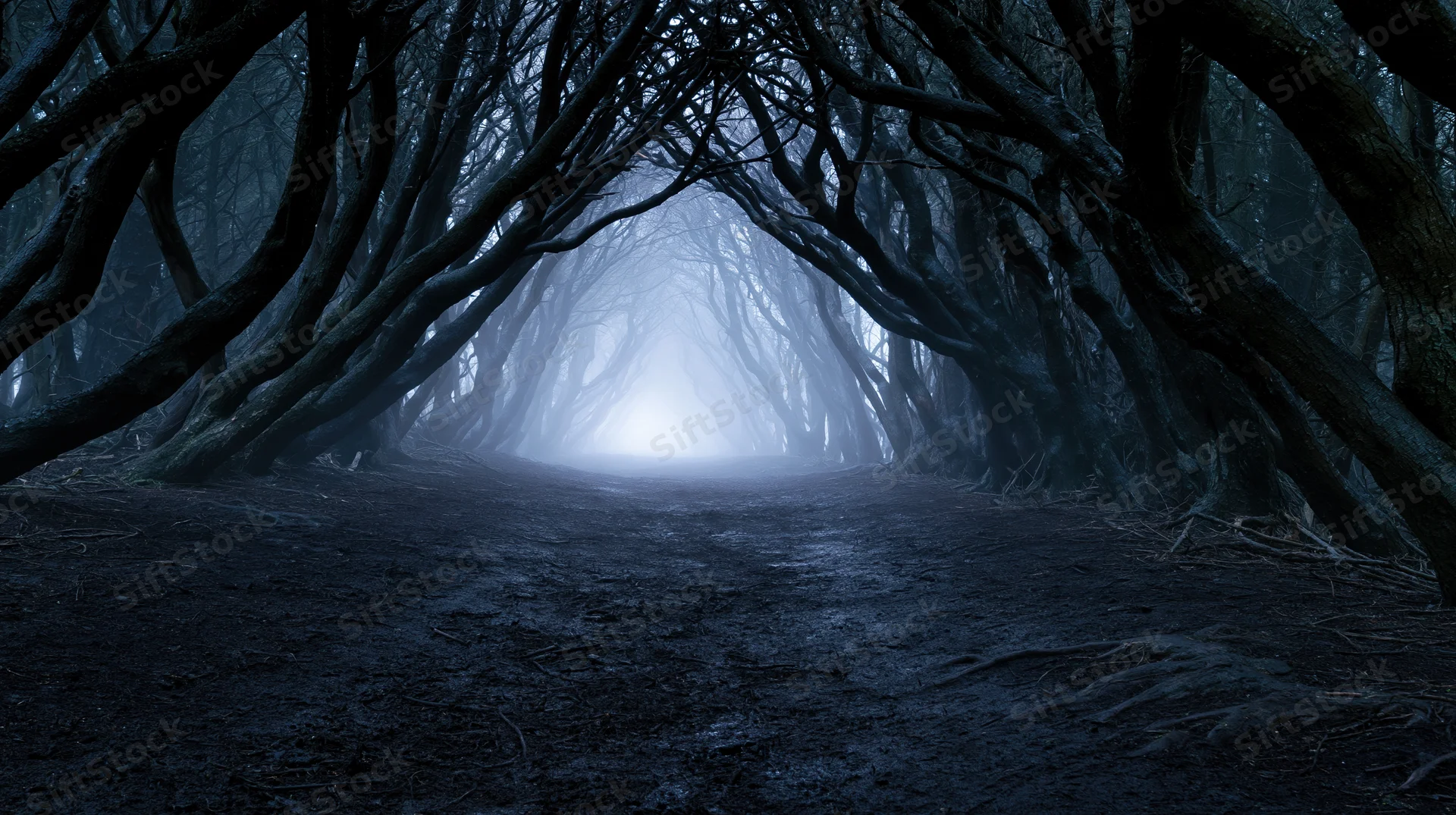 Narrow dirt path through dark forest tunnel with misty light at end