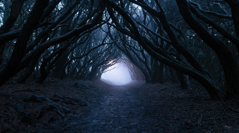 Narrow dirt path winding through dark forest tunnel with bare trees arching overhead, fading into foggy distance