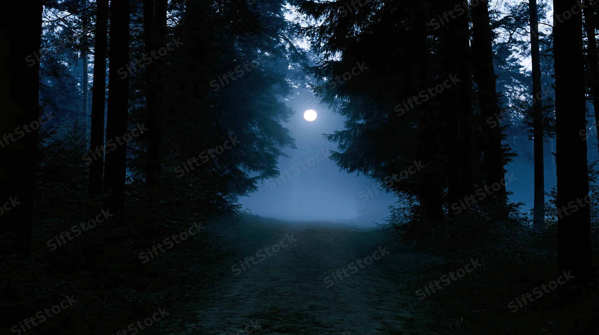 Narrow dirt path receding into dense forest at night under moonlight with fog and tall trees silhouetted against sky