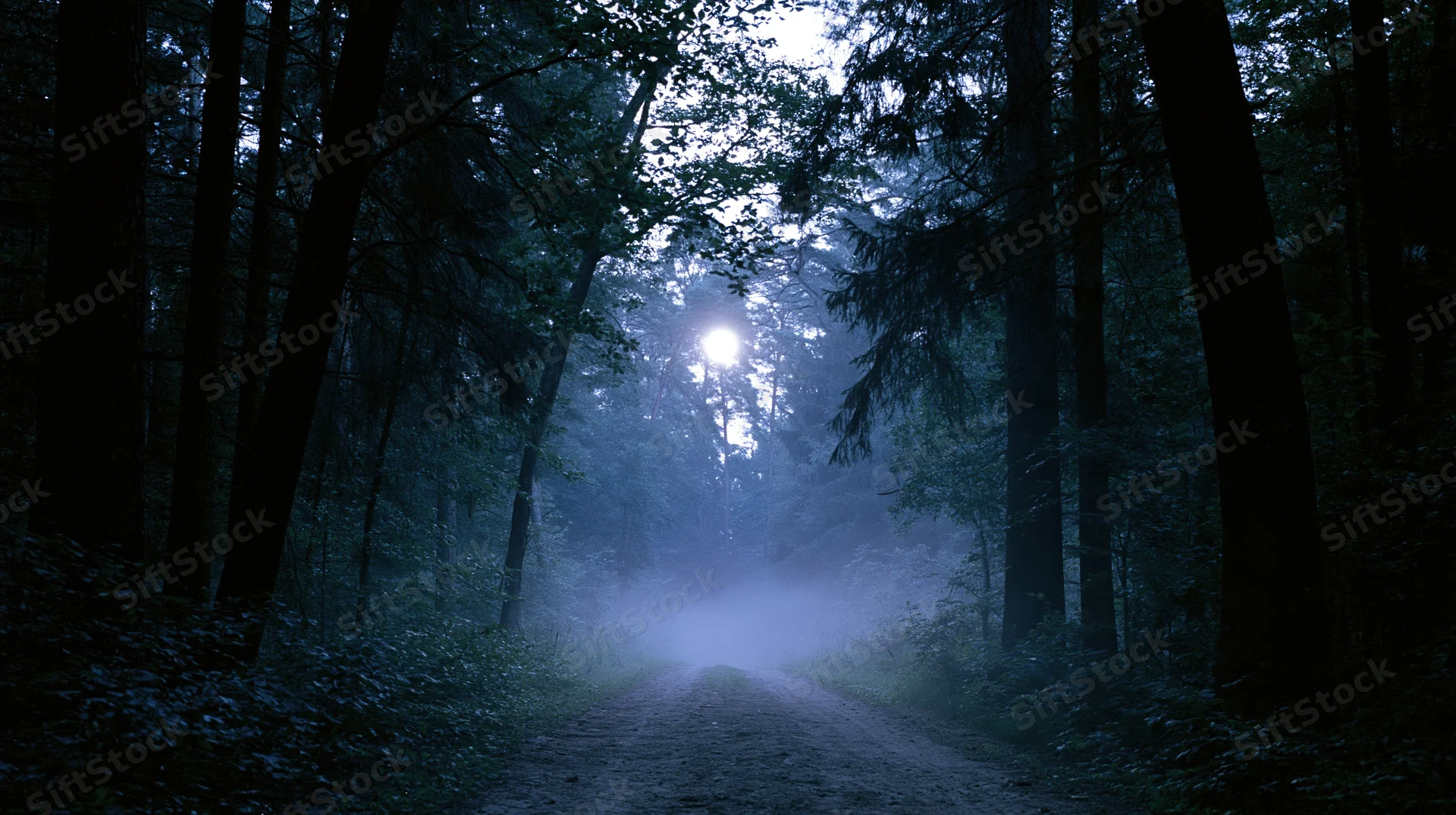 Narrow dirt path receding into dense forest at night with moonlight filtering through foggy trees