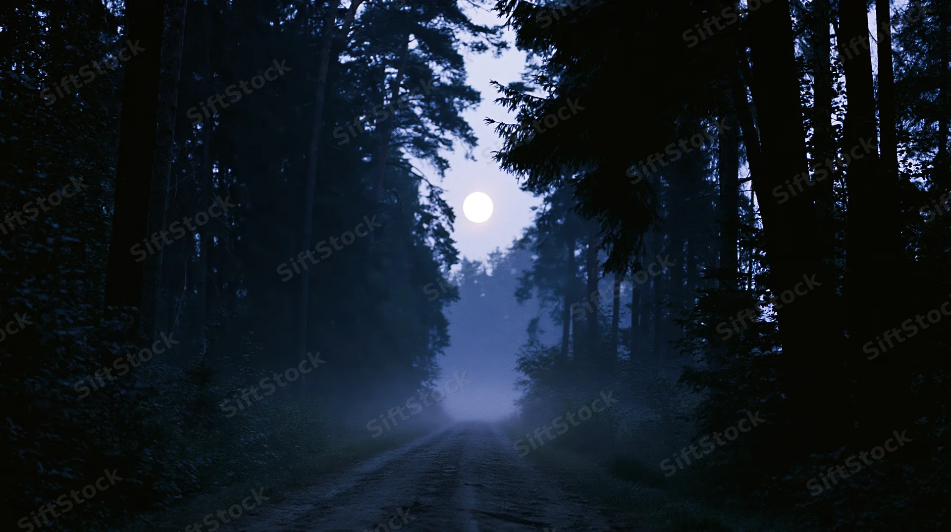 Narrow dirt path receding into dense forest at night under moonlight with fog