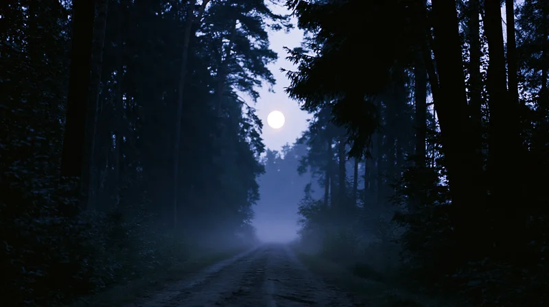 Narrow dirt path receding into dense forest at night under moonlight with fog