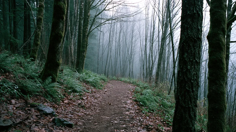 Narrow dirt trail winding through dense deciduous forest with moss-covered trees and ferns under misty overcast sky