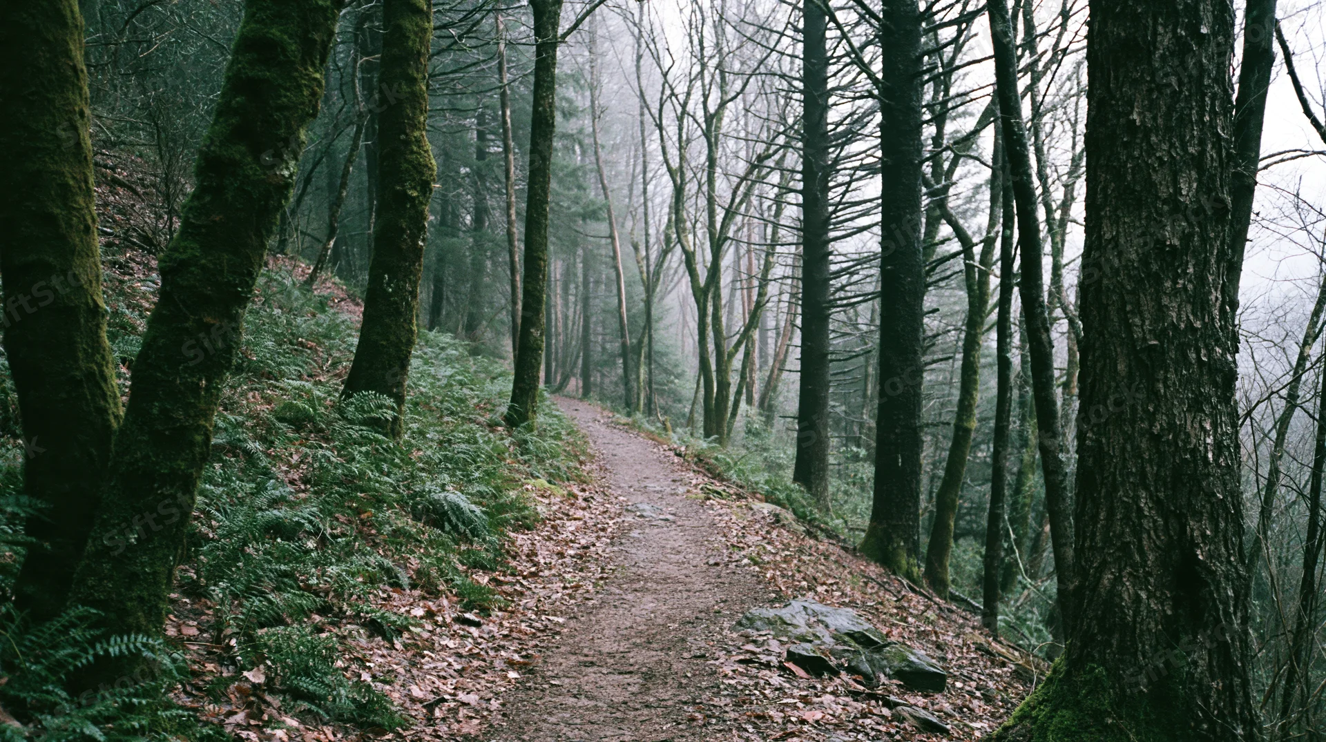 Narrow dirt trail winding through dense deciduous forest with moss-covered trees and ferns under misty overcast sky