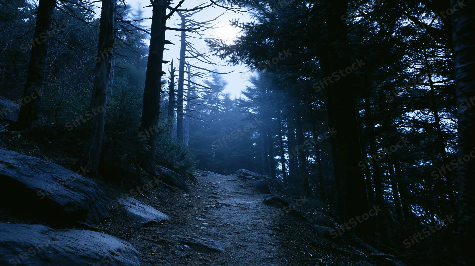 Narrow dirt trail winding through dense old-growth forest at twilight