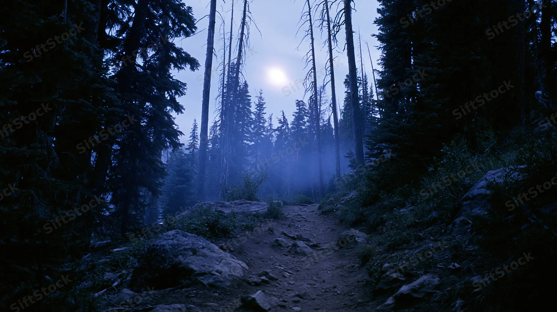 Narrow dirt trail winding through dense old-growth forest at dusk