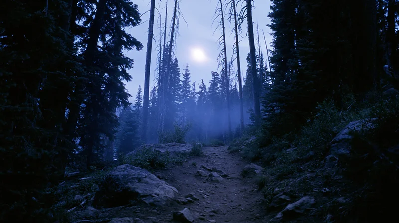 Narrow dirt trail winding through dense old-growth forest at dusk
