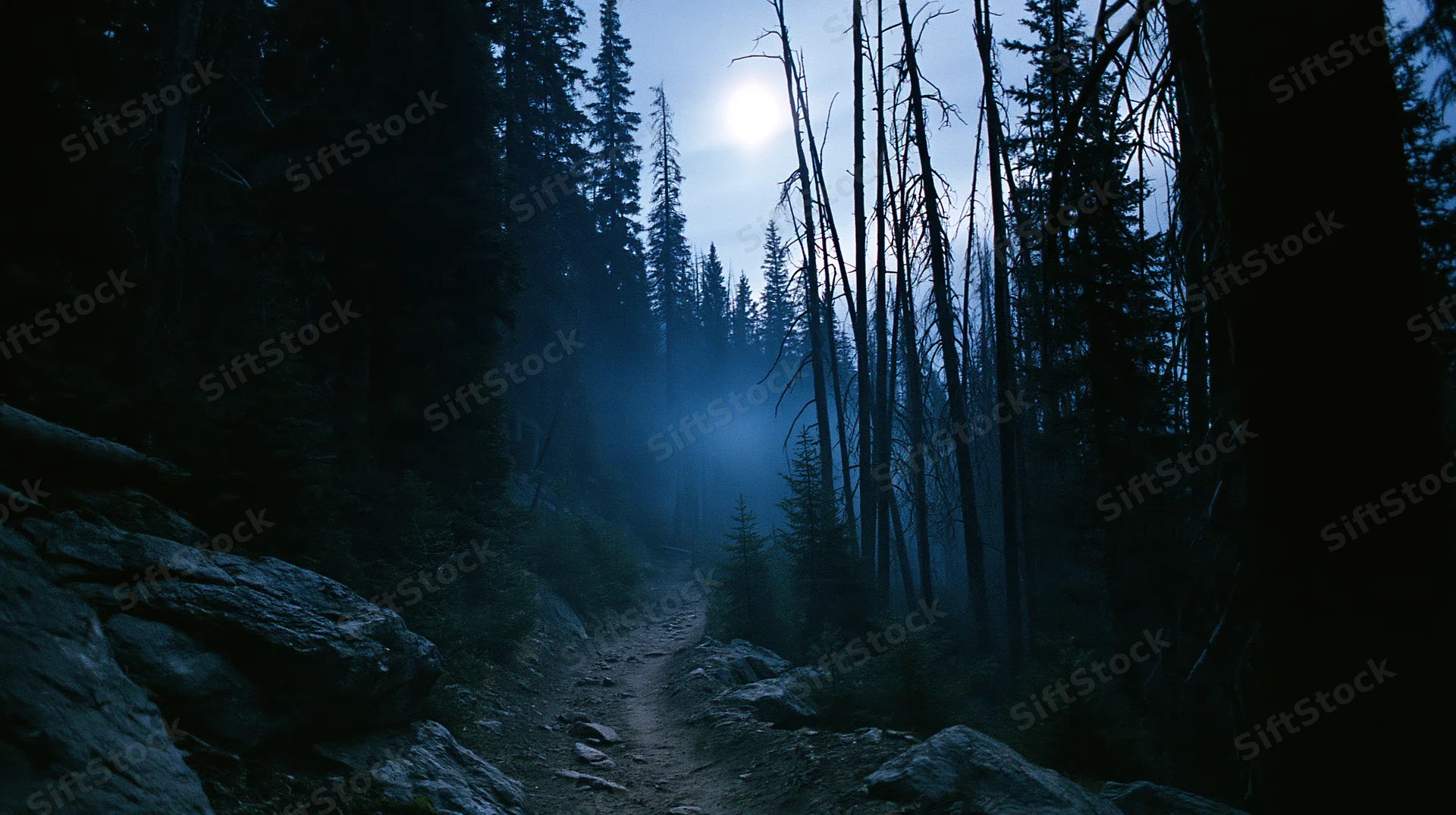 Narrow dirt trail winding through dense old-growth forest at night under moonlight and mist