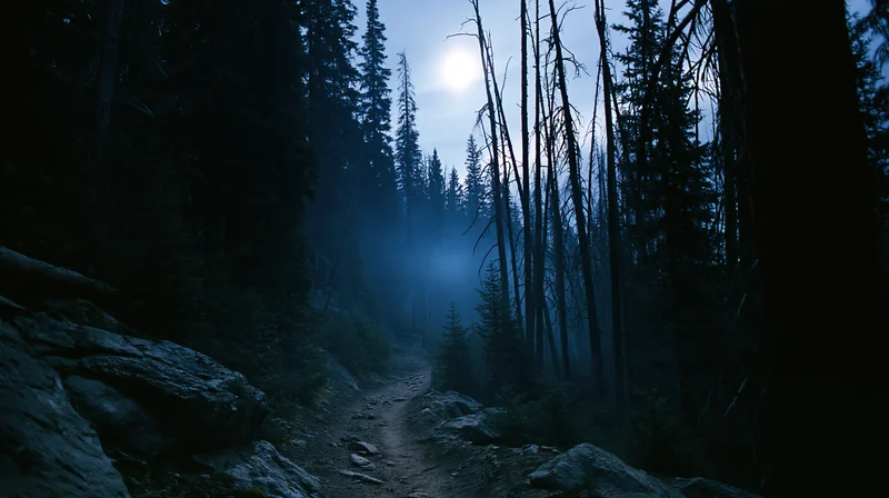 Narrow dirt trail winding through dense old-growth forest at night under moonlight and mist
