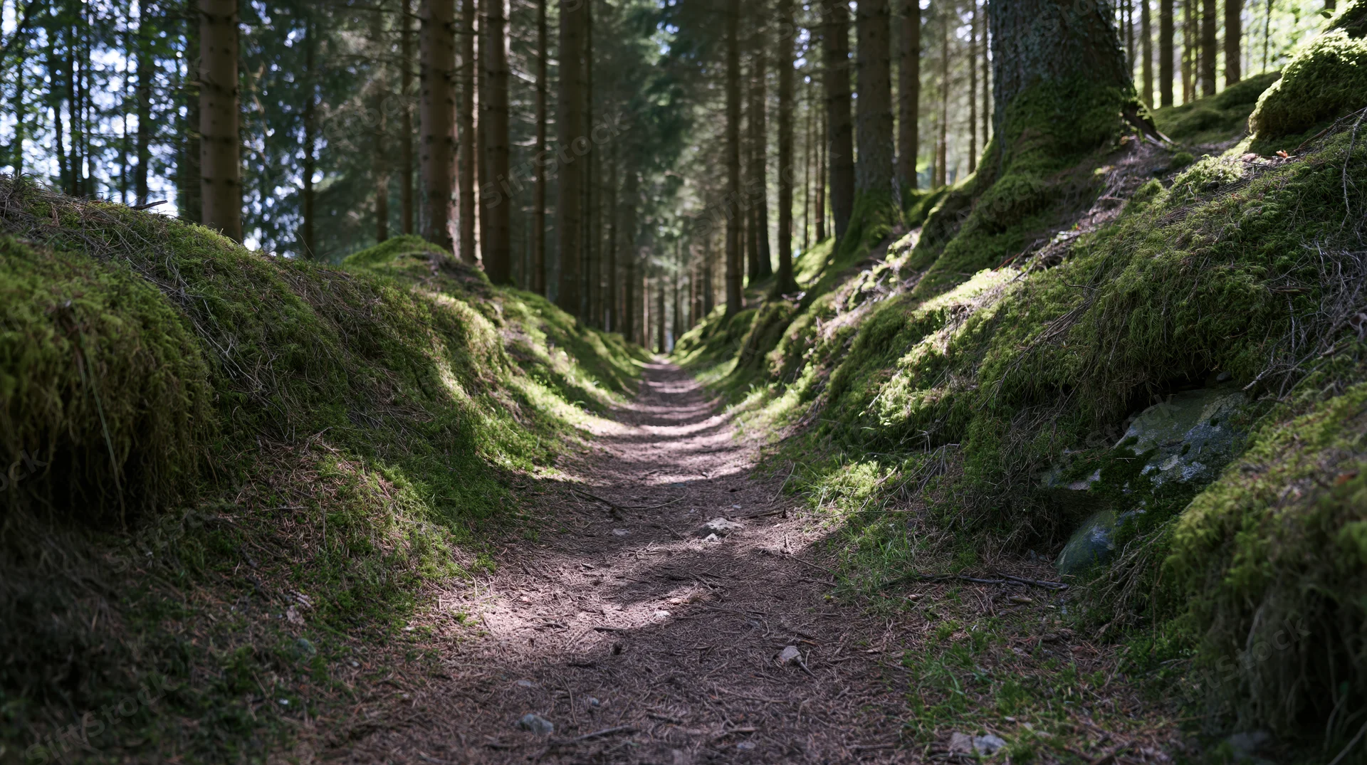 Narrow dirt trail winding through moss-covered banks in a dense conifer forest