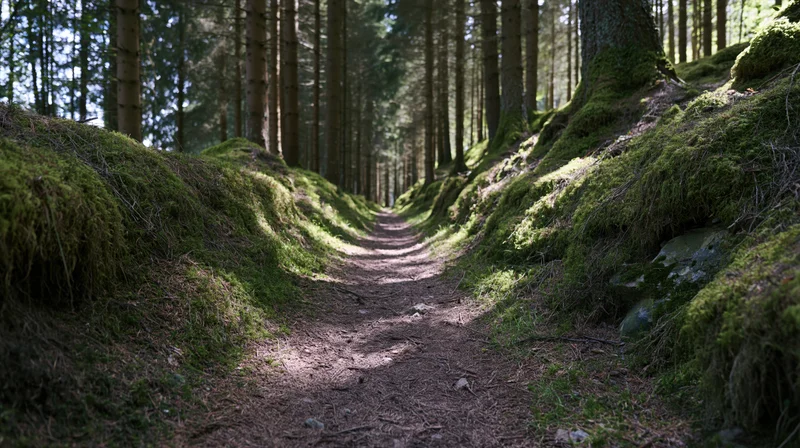 Narrow dirt trail winding through moss-covered banks in a dense conifer forest