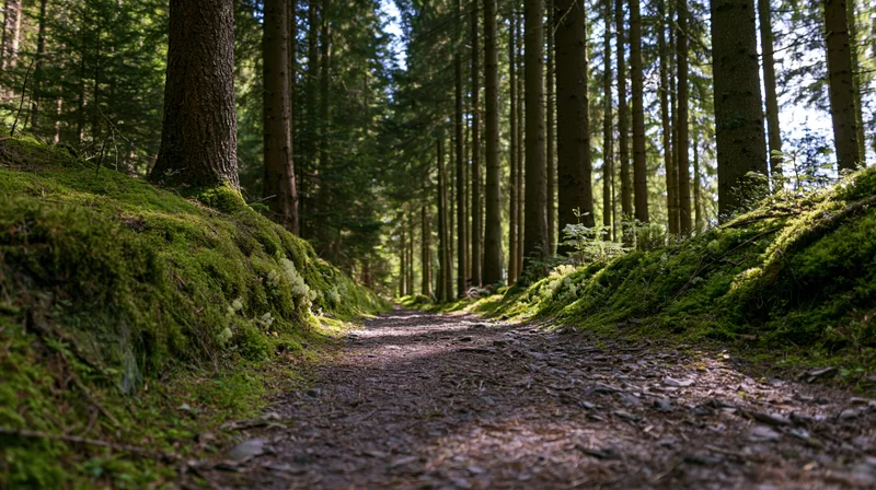 Narrow dirt trail winding through a mature conifer forest with moss-covered banks and dappled sunlight