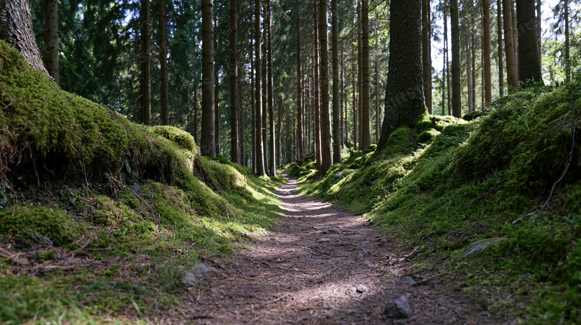 Narrow dirt trail winding through a moss-covered conifer forest