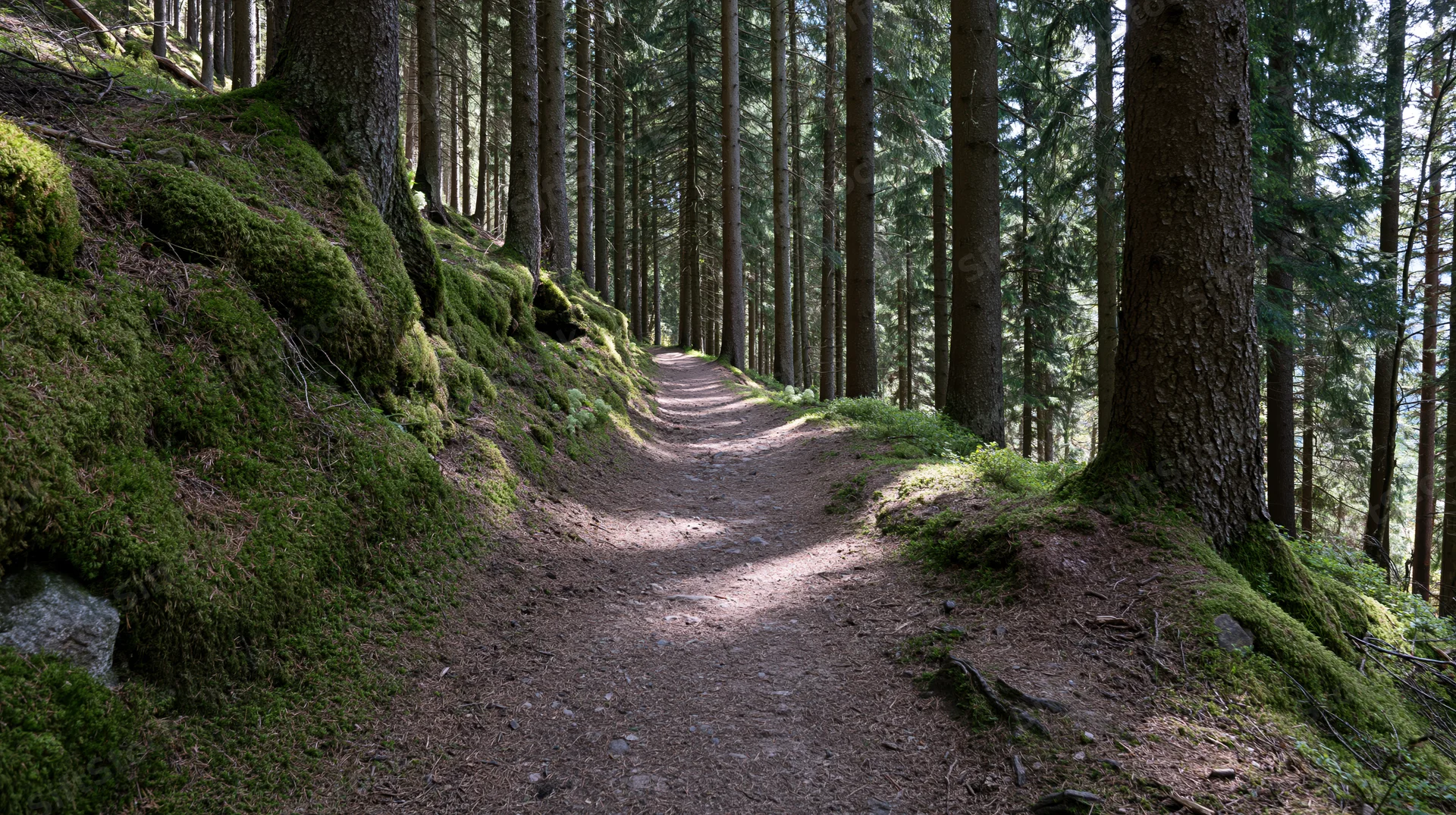 Narrow dirt trail winding through a mature conifer forest with moss-covered slopes and dappled sunlight