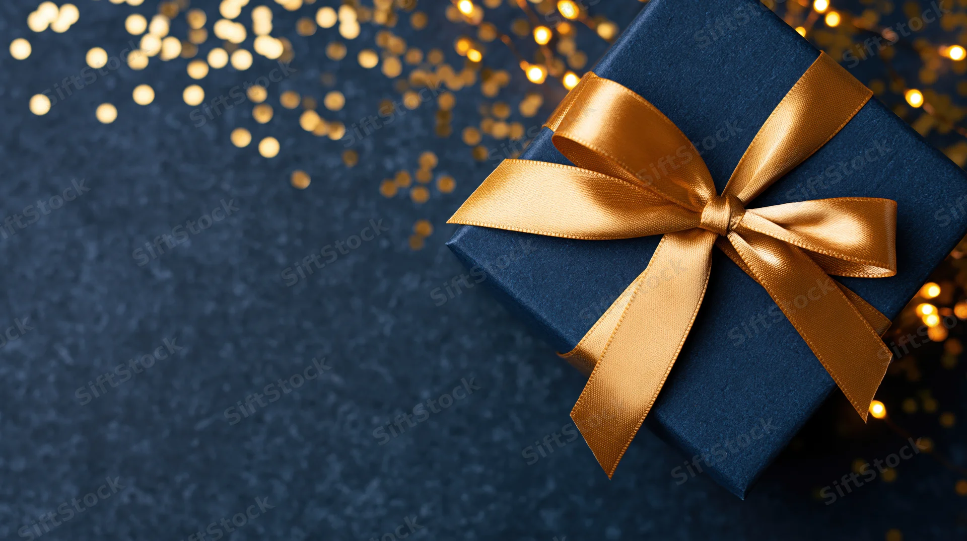 Navy blue gift box with gold satin ribbon bow on dark surface with bokeh lights and copyspace