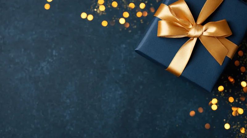 Navy blue gift box with gold satin ribbon bow on dark surface surrounded by bokeh lights
