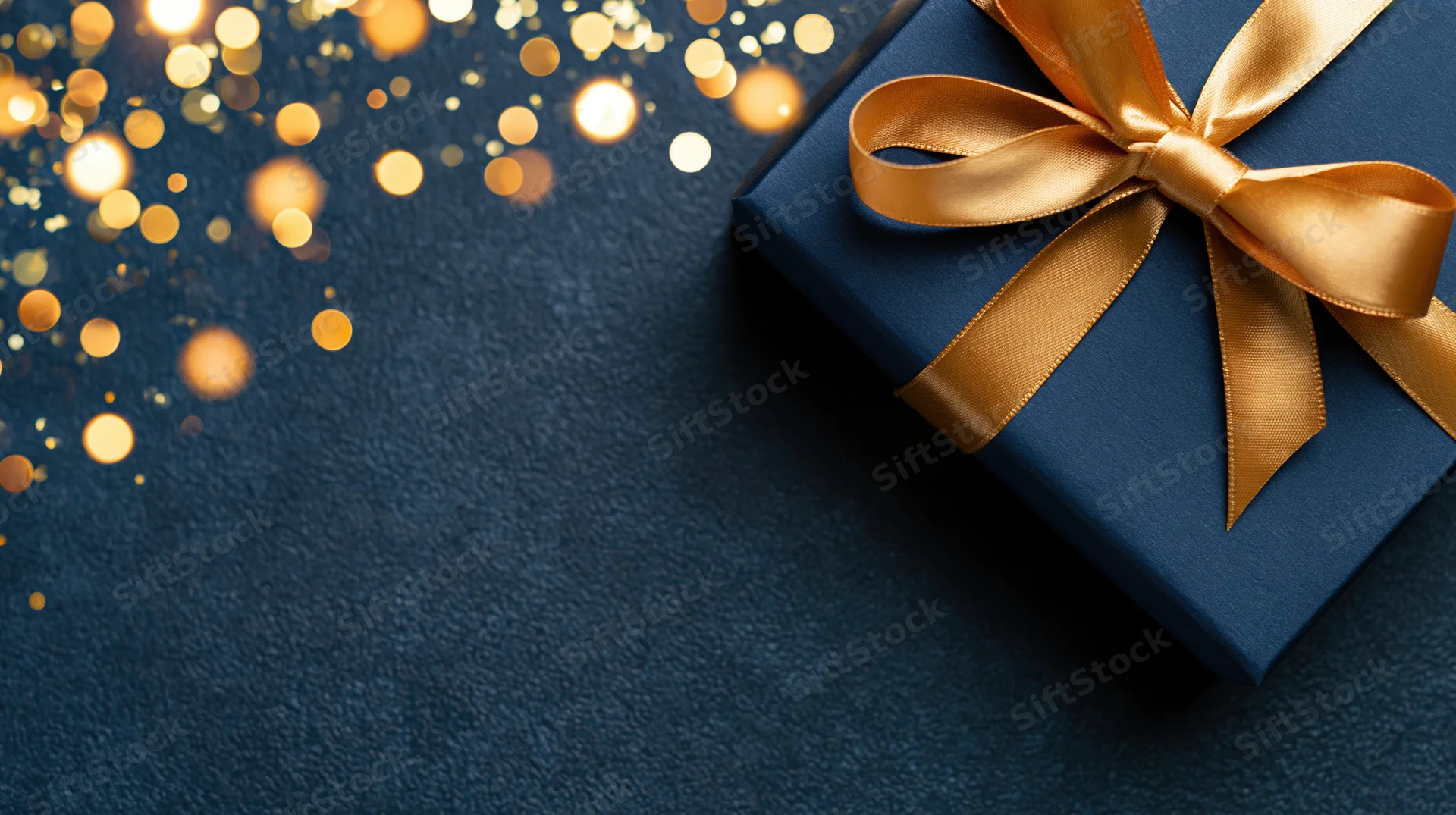 Navy blue gift box with gold satin ribbon bow on textured surface with bokeh lights and copyspace