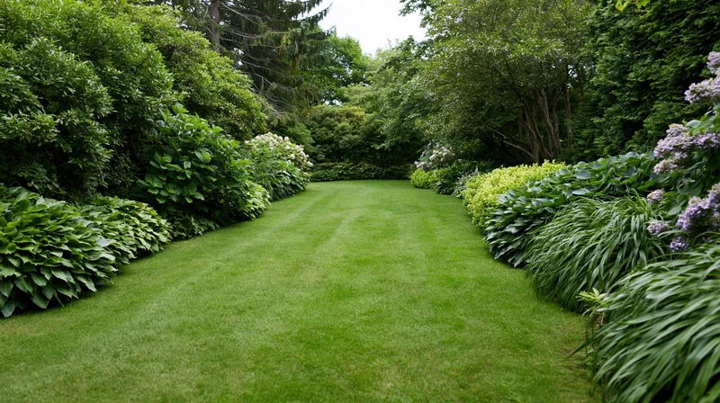 Neatly mowed green lawn bordered by dense shrubs and flowering plants in a private garden