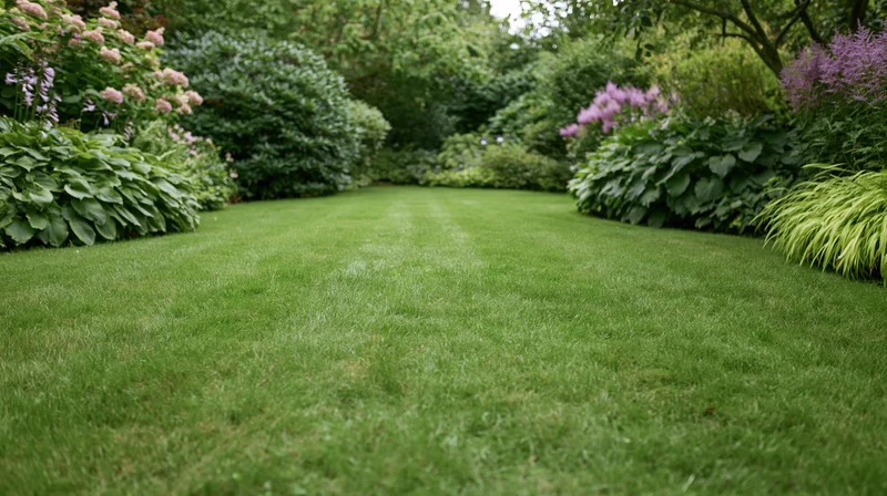 Neatly mowed green lawn bordered by dense shrubs and flowering plants in a private garden