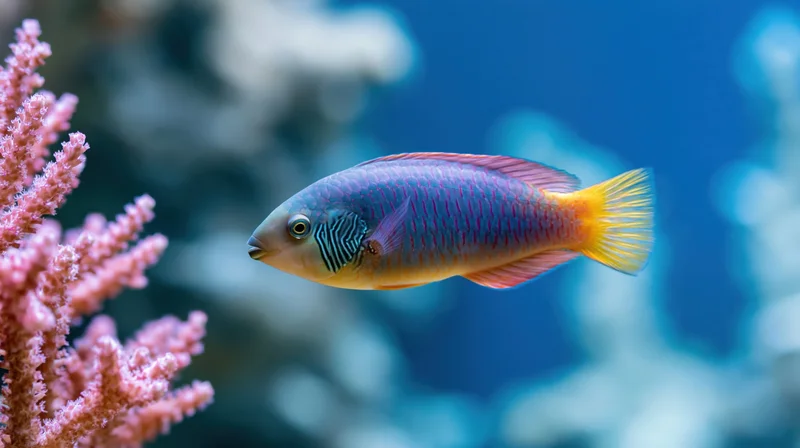 Ornate wrasse fish swimming near pink soft coral in underwater reef environment