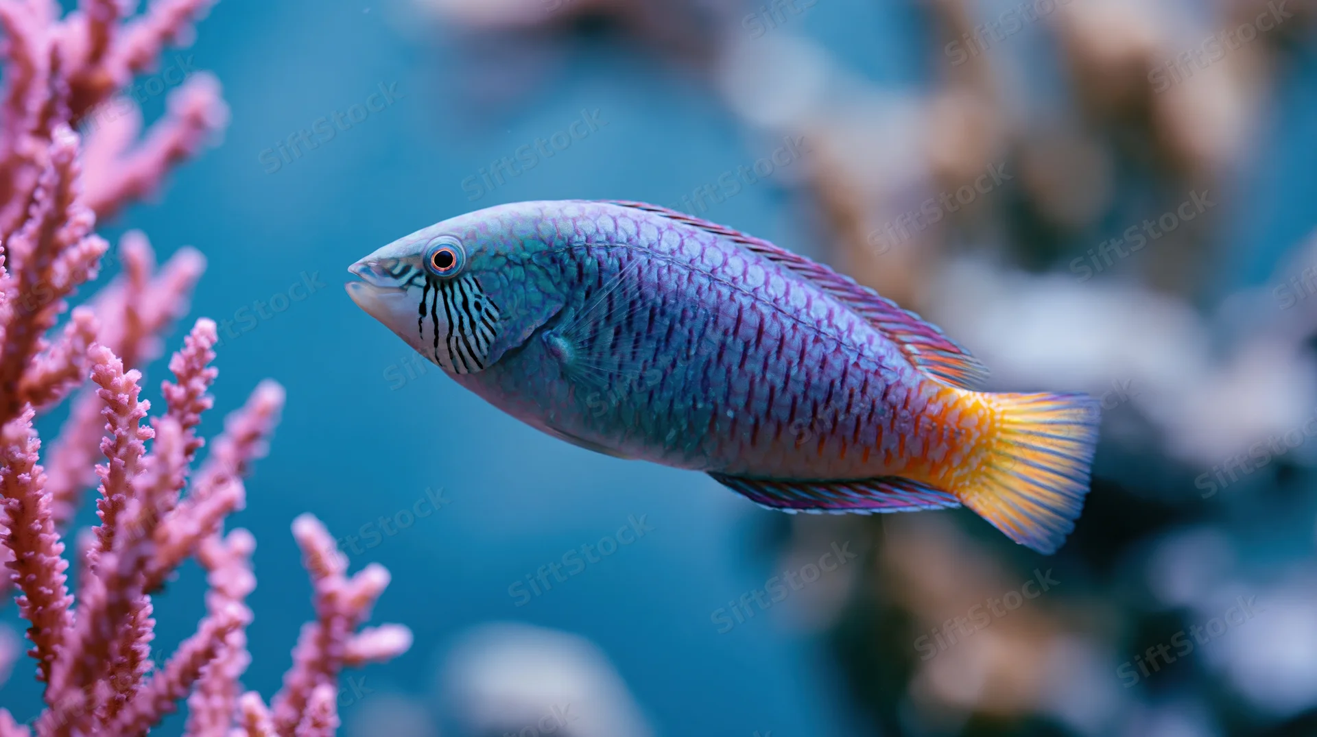 Ornate wrasse swimming near pink coral in underwater reef environment