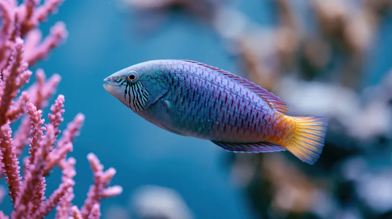 Ornate wrasse swimming near pink coral in underwater reef environment