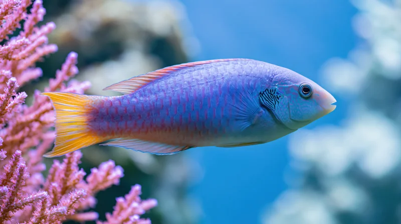 Ornate wrasse swimming near pink coral in clear blue water