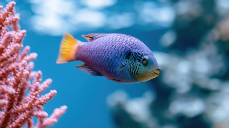 Ornate wrasse swimming near pink coral in a tropical reef environment