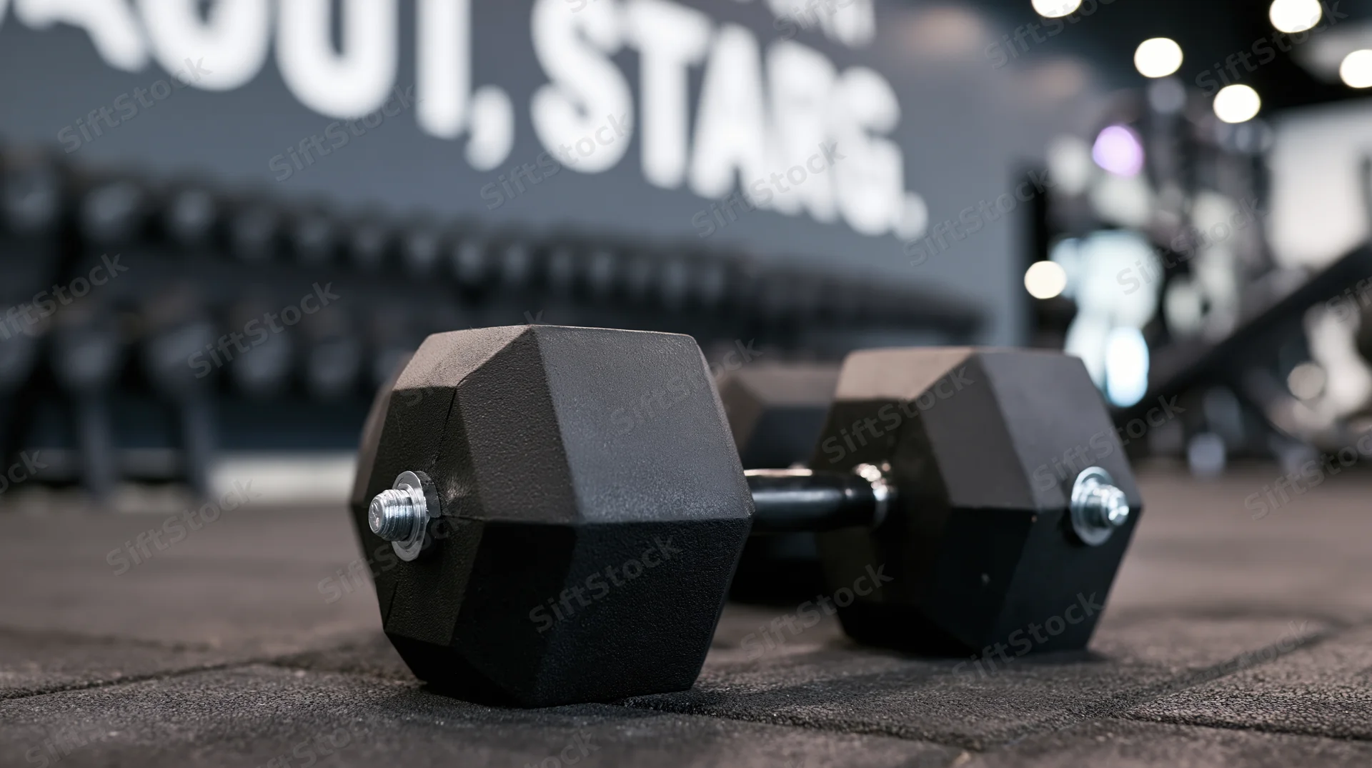 Black hexagonal dumbbells resting on dark rubber gym floor with blurred equipment and text in background