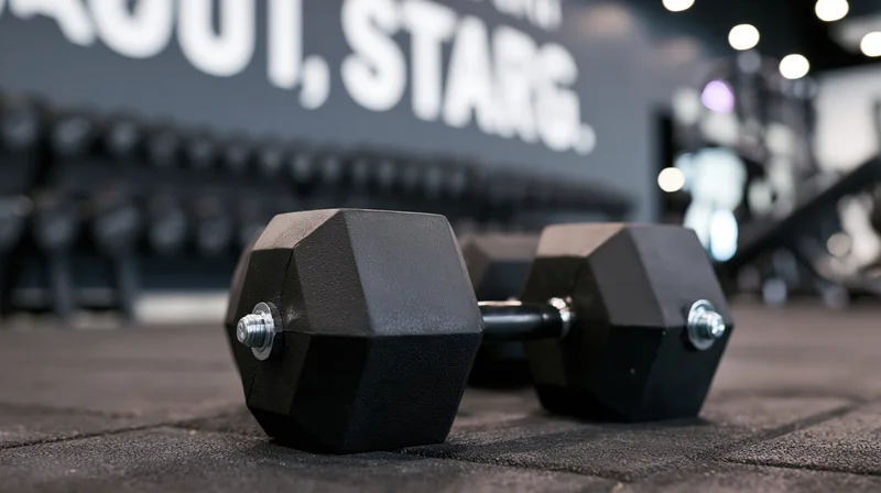 Black hexagonal dumbbells resting on dark rubber gym floor with blurred equipment and text in background