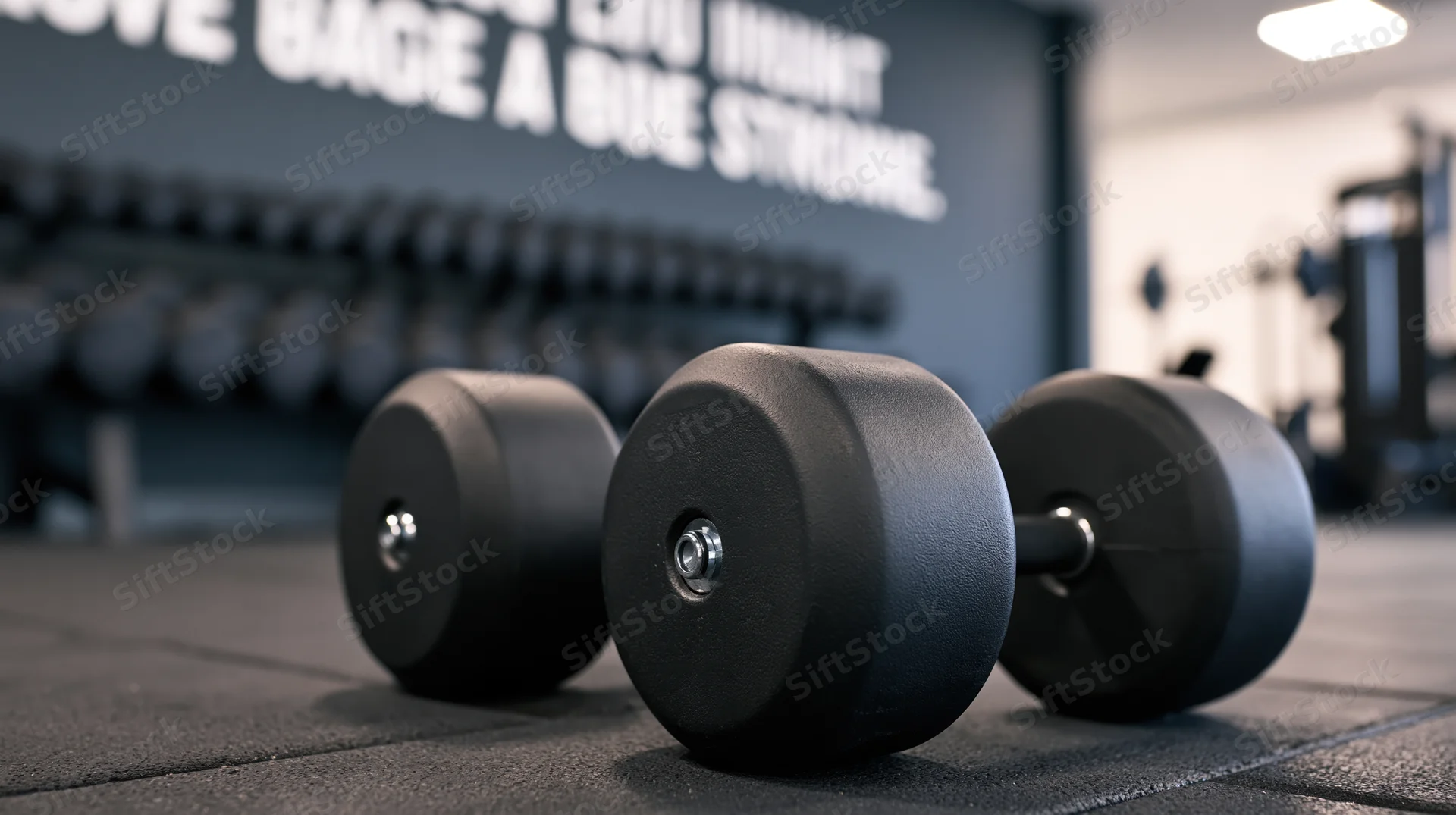 Black dumbbells resting on dark rubber gym floor with motivational text on wall in background